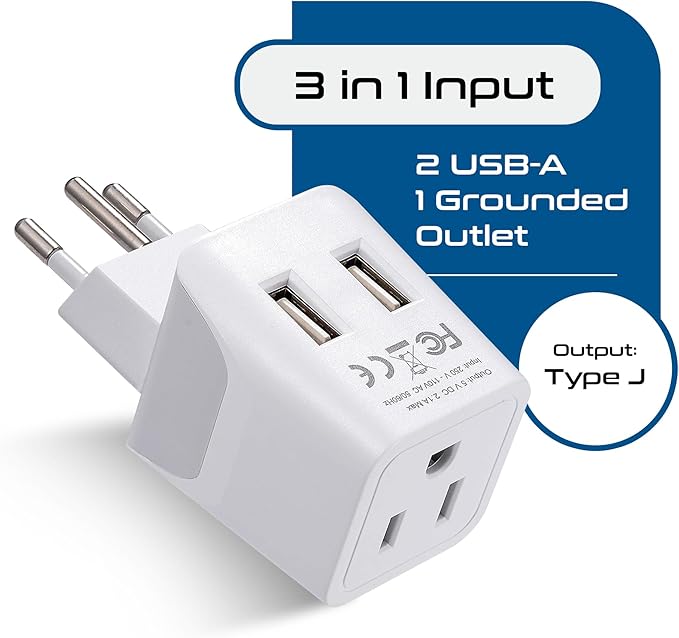 Ceptics Switzerland Travel Plug Set - with 2 USB + USA Socket Input - Type J and Type C- Ultra Compact - Safe Grounded Perfect for Cell Phones, Laptops, Camera Chargers