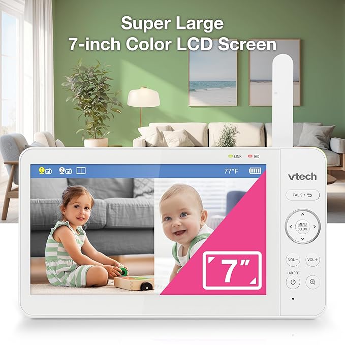 VTech 2-Cameras Video Baby Monitor with 7" Color LCD Screen, Rechargeable Battery, Video and Audio Streaming, Pan-Tilt-Zoom, Touch Multi-Color Night Light, Two-Way Talk: Advanced Max Twin (Green)