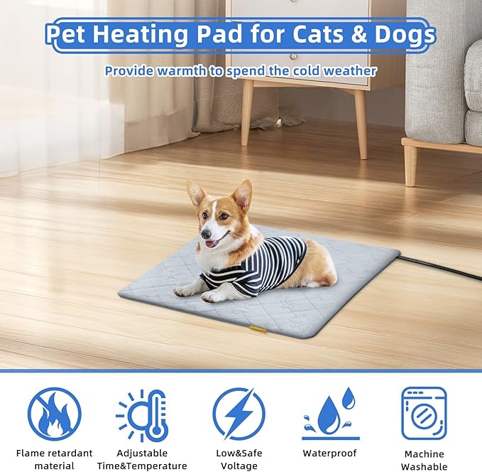 Pet Heating Pad for Cats Dogs Electric Heated Bed Waterproof Warming Mat Indoor Outdoor Chew Resistant Cord Adjustable 5 Timer and 6 Level Temperature for Pets Puppy Animals-17.7x17.7in