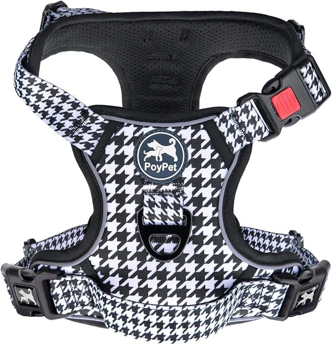 PoyPet No Pull Dog Harness, [Release on Neck] Reflective Adjustable No Choke Pet Vest with Front & Back 2 Leash Attachments, Soft Control Training Handle for Small Medium Large Dogs(Houndstooth,L)