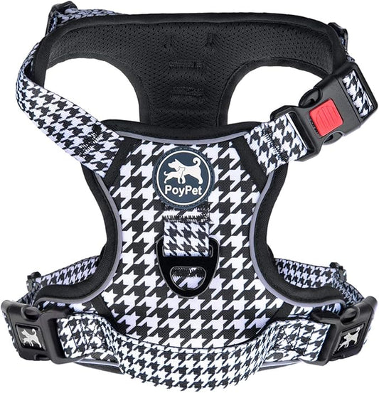 PoyPet No Pull Dog Harness, [Release on Neck] Reflective Adjustable No Choke Pet Vest with Front & Back 2 Leash Attachments, Soft Control Training Handle for Small Medium Large Dogs(Houndstooth,L)