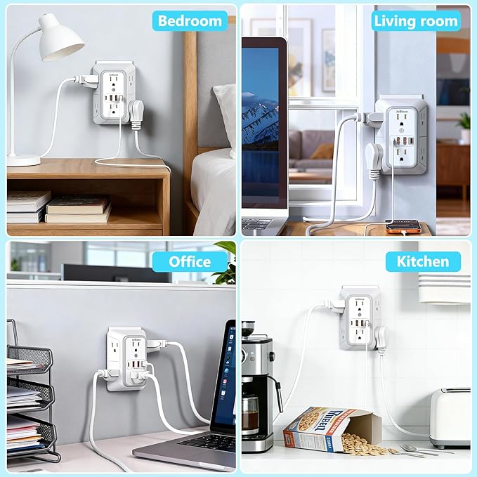 JcBlaon Multi Plug Outlet Surge Protector, Wall Charger with 6 Outlet Splitter with 4 USB Ports(PD 20W), 3-Sided 1050J Surge Protector Power Strip for Home Office Dorm Room Essentials