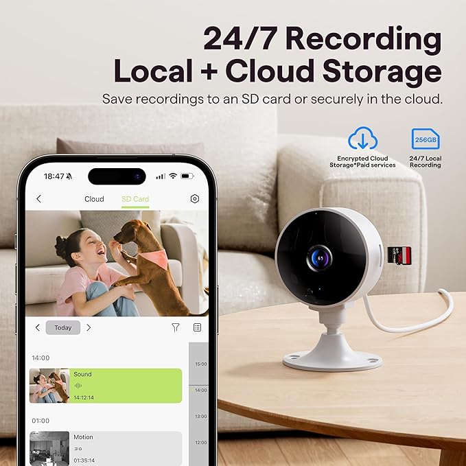 3MP Indoor Security Camera, Cameras for Home Security with 25ft Night Vision, AI Detection, Motion Alerts, 2-Way Audio, 24/7 Cloud & SD Card Storage, Home Camera That Works with Alexa/Google