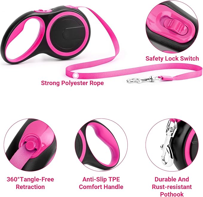 Segarty Pink Retractable Dog Leash, 16ft Heavy Duty Walking Dog Leash for Medium Small Dogs up to 44lb, Anti-Slip Handle 360°Tangle-Free Nylon Tape, One-Handed One Button Lock and Release