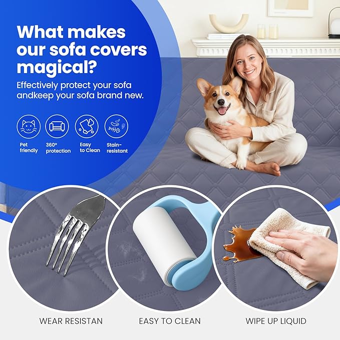 Waterproof Dog Bed Cover, Non-Slip Dog Blanket for Couch, Couch Covers for Dogs Washable, Pet Blanket for Furniture, Pet Bed Mat for Sofa, Car, Pet Supplies (68x82 Inch, Grey Blue)