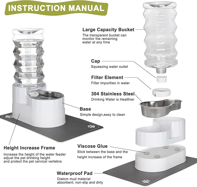 RIZZARI Large Water Dispenser for Dogs: 8L Gravity White Automatic Stainless Steel Waterer - 100% BPA Free - Raised Pet Feeder for Pet Dogs Indoor/Outdoor