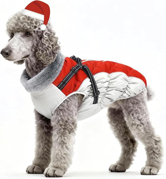 Dog Winter Coat with Harness, Dog Jacket, Pet Clothes with Zipper on Back, Waterproof Windproof Warm Vest, Reflective Cold Weather Coats, for Small Medium Large Dogs, Thick, Red, L