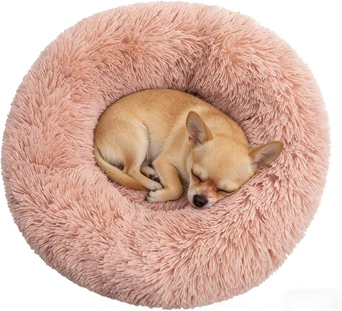 Calming Donut Dog Beds for Small Dogs Kitten - Washable Removable Cover Non-Slip Bottom, Round Pet Bed Puppy Bed Warming Fluffy Faux Fur Anti-Anxiety, Fits up to 15 lbs (Blush, 20")