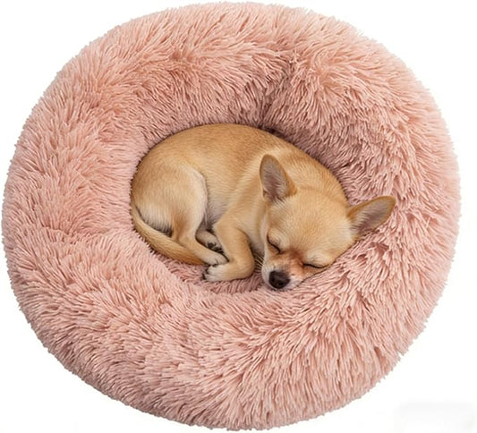Calming Donut Dog Beds for Small Dogs Kitten - Washable Removable Cover Non-Slip Bottom, Round Pet Bed Puppy Bed Warming Fluffy Faux Fur Anti-Anxiety, Fits up to 15 lbs (Blush, 20")