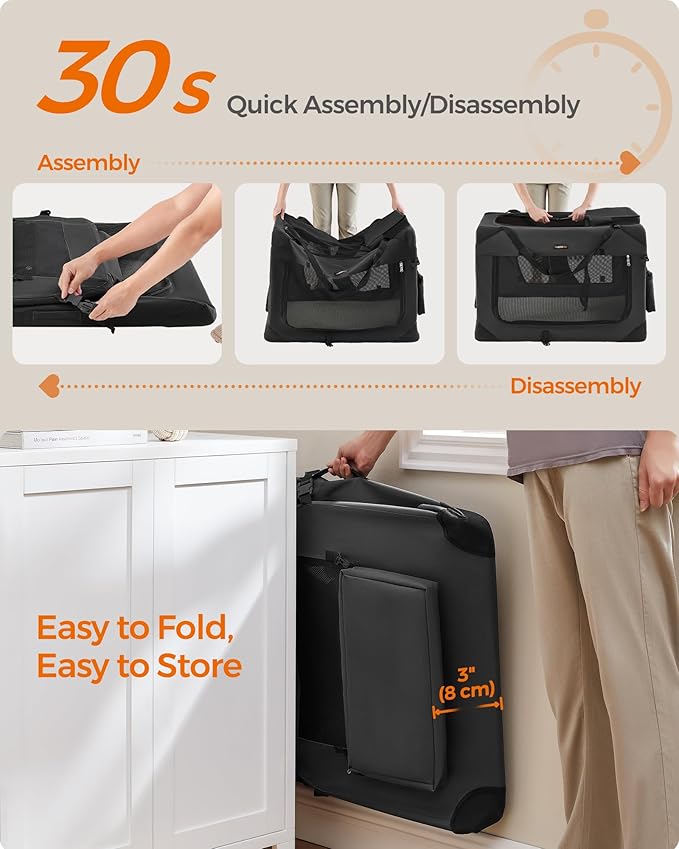 Feandrea 32 Inches Collapsible Soft Dog Crate, Portable Travel Dog Crate for Indoor and Outdoor Use, Dog Carrier Kennel with Safety Zippers, for Living Room, Car, Travelling, Camping, Black UPDC80H