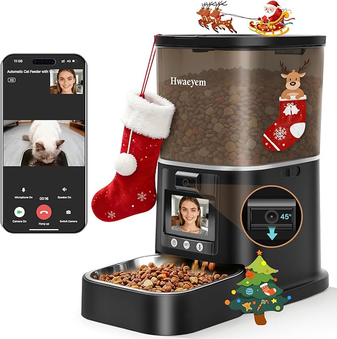 Automatic Cat Feeder with 2-Way Video/Audio, 5L Pet Feeder with 1080P HD Camera Features 45° Downward Tilt Adjustment, Supports 5G/2.4G WiFi Cat Food Dispenser with APP Control for Cats & Small Dogs