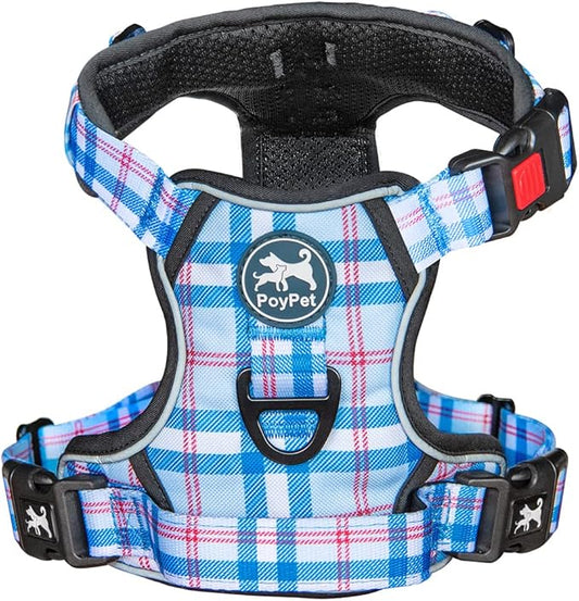 PoyPet No Pull Dog Harness, [Release at Neck] Reflective Adjustable No Choke Pet Vest with Front & Back 2 Leash Attachments (Checkered Blue,S)
