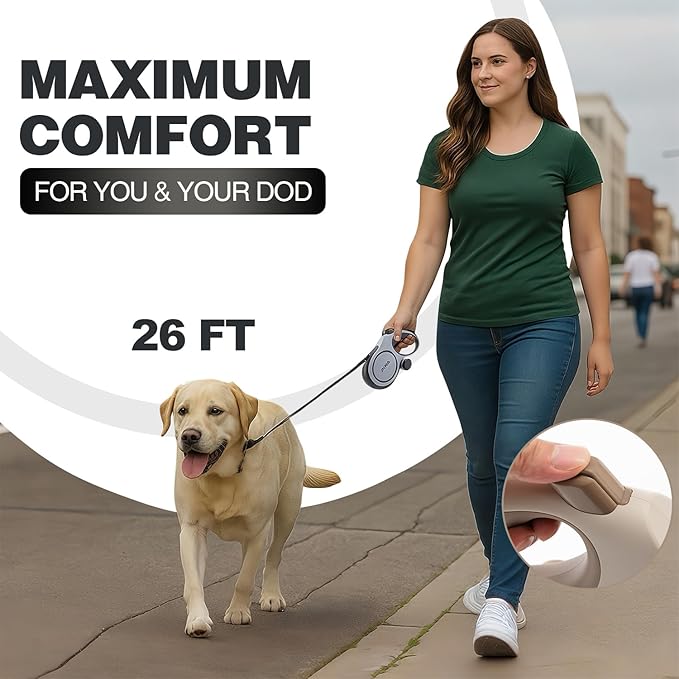 PINA Upgraded Retractable Dog Leash, 26 ft Dog Leash for Small Medium Large Dogs Up to 110lbs, Heavy Duty Reflective Nylon Tape 360° Tangle-Free, with Anti-Slip Handle, One-Handed Brake, Pause, Lock