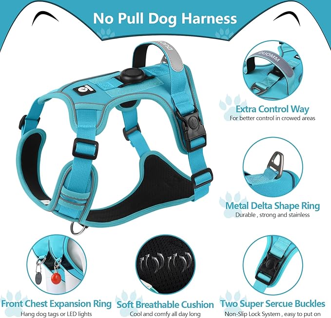 No Pull Harness with Tracker Tag Holder for Small Dogs,Adjustable Escape-Proof, No Choke and Reflective Vest with Handle for Easy Control Comfortable Vest Harness for Training Walking Hiking, Blue S