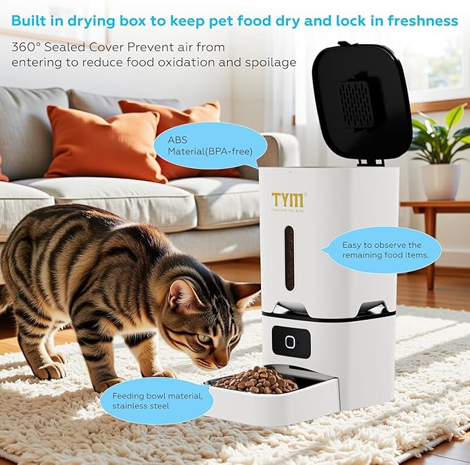 TYM Automatic Cat Feeder, 7L WiFi Cat Food Dispenser, Timed Cats Feeder with APP Control, Auto Pet Food Dispenser for Small Pets, Fresh Food, Dual Power Supply, Detachable for Easy Cleaning