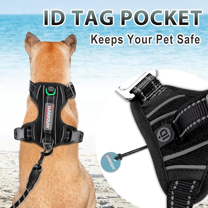 BARKBAY No Pull Dog Harness 3 Buckles Large Reflective Dog Harness with Front Clip and Easy Control Handle for Walking Training Running with ID tag Pocket(Black,M)