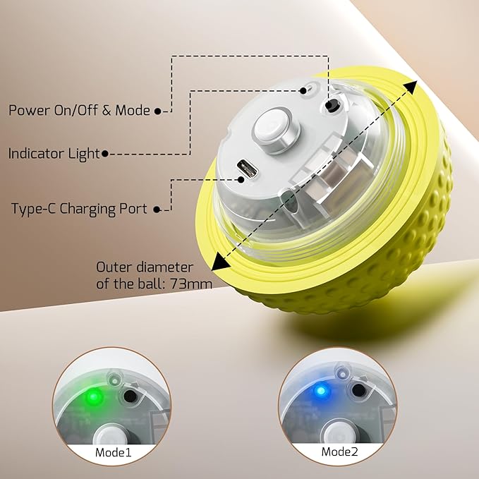 Chew Resistant Smart Interactive Dog Balls, Durable Food-Grade Rubber Material, Automatic Moving, Bouncing, Rotating Toy with Light for Medium, Large Dogs, IPX7 Waterproof (Yellow)