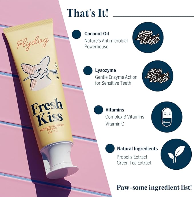 FlyDog Fresh Kiss Dog Tooth Brushing Kit - Vet Approved Formula, Enzymatic Dog Toothpaste and Brush - Breath Freshener & Tartar Remover, 360° Toothbrush & Finger Brush, Dental Guide, Mint Flavor