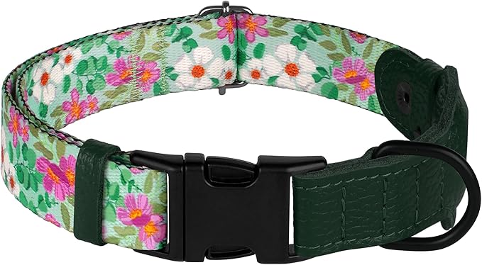 AirTag Dog Collar with Metal Buckle - Printed Nylon Soft Leather Dog Collar with Apple AirTag Holder - Secure Tracking GPS Pet Collars for Girl Boy Small Large Dogs (L, 17"-21" Neck Fit, Floral)