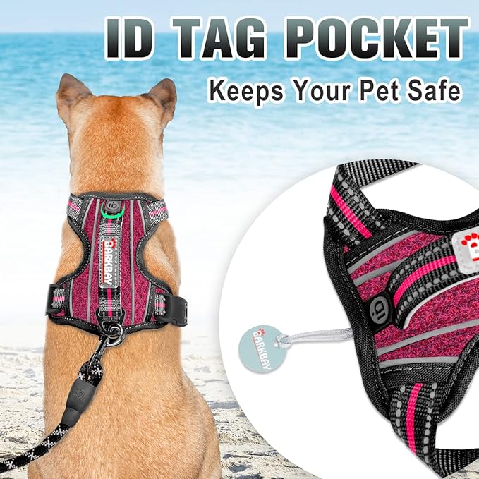 BARKBAY No Pull Dog Harness Large Reflective Dog Harness with Front Clip and Easy Control Handle for Walking Training Running with ID tag Pocket(Pink/Black,M)