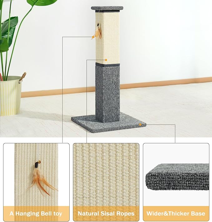 Made4Pets Cat Scratching Post, 32 Inch Natural Sisal & Carpet Covered Cat Scratcher with Kitten Toy, Dual-Material Tall Scratching Post for Indoor Cats Adults and Kittens, Beige