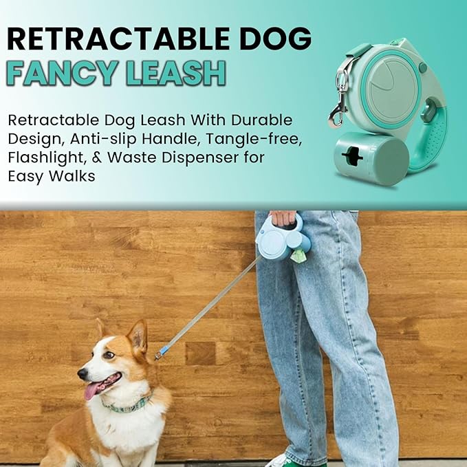 Retractable Dog Fancy Leash with Flashlight and Dispenser, 16 ft Dog Retractable Leash is Perfect for Safe and Comfortable Walking with Your Pet - Suitable for Dogs - Green