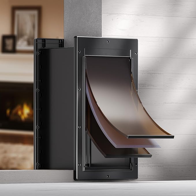 Durable Frame 3-Flap Wall Dog Door, Extreme Weather Medium Doggie Door for Wall, Never Rust Plastic Wall Pet Door, Telescoping Tunnel, Insulation Flap, 2 Magnetic Flaps, for Pet Up to 45lb