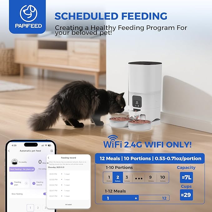 PAPIFEED Automatic Cat Feeder for 2 Cats, 2.4G WiFi Cat Food Dispenser with App Control, 7L Slow Feed Pet Feeder with 2 Stainless Bowls for Cats & Dogs, 12 Portions 10 Meals Daily - White