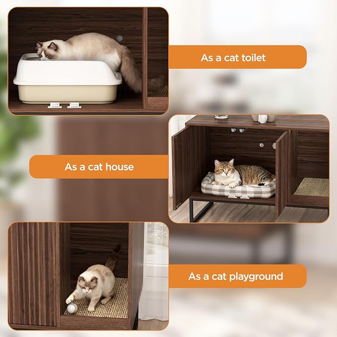 Cat Litter Box Enclosure, Fluted Hidden Litter Box Furniture with Scratch Pad and Metal Legs, Modern Enclosed Cat Cabinet, 31.5 x 17.7 x 21.7 Inches Indoor Pet House for Living Room, Washroom, Walnut