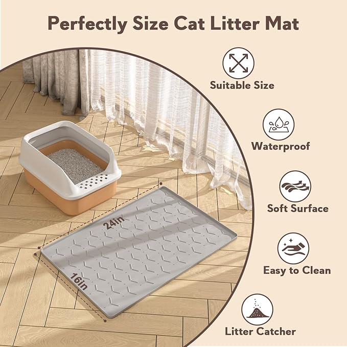 Cat Litter Box Mat, Silicone Kitty Litter Mat, 24" X 16" Waterproof Silicone Pad for Floor, Light Gray