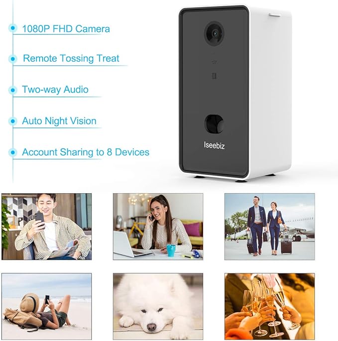 Iseebiz Pet Camera Treat Dispenser, 2 Way Audio Talk Listen, 5G WiFi, 1080P Night Vision Cat Dog Cam, App Control Tossing, Multi Devices Login, Compatible with Alexa, Play with Your Dogs and Cats