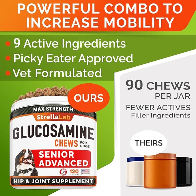 Senior Advanced Glucosamine Chondroitin Joint Supplement for Dogs - Hip & Joint Pain Relief Pills - Large & Small Breed - Hip Joint Chews Canine Joint Health - Chews Older Dogs - Bacon Flavor-120Ct
