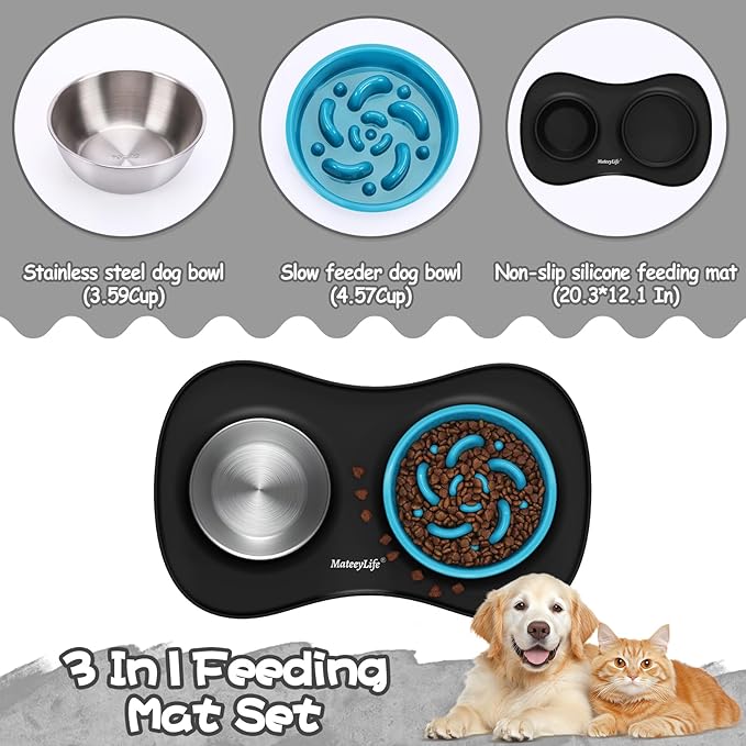MateeyLife Dog Food Bowl Set 3 in 1, Basic Dog Bowls & Water Stainless Steel Bowl with Non-Spill Silicone Mat, Slow Feeder Bowls for Small, Medium, Large Breeds, Cat Feeding Dish to Anti-Choking