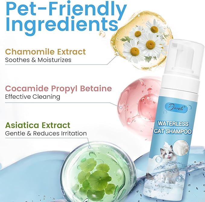 Waterless Cat Shampoo with Brush and Cloth, 6.8 FL OZ Cat Shampoo and Conditioner, Cat Dry Shampoo, No Rinse Formula for Quick Clean, Care for Cats and Kittens with Itching & Sensitive Skin
