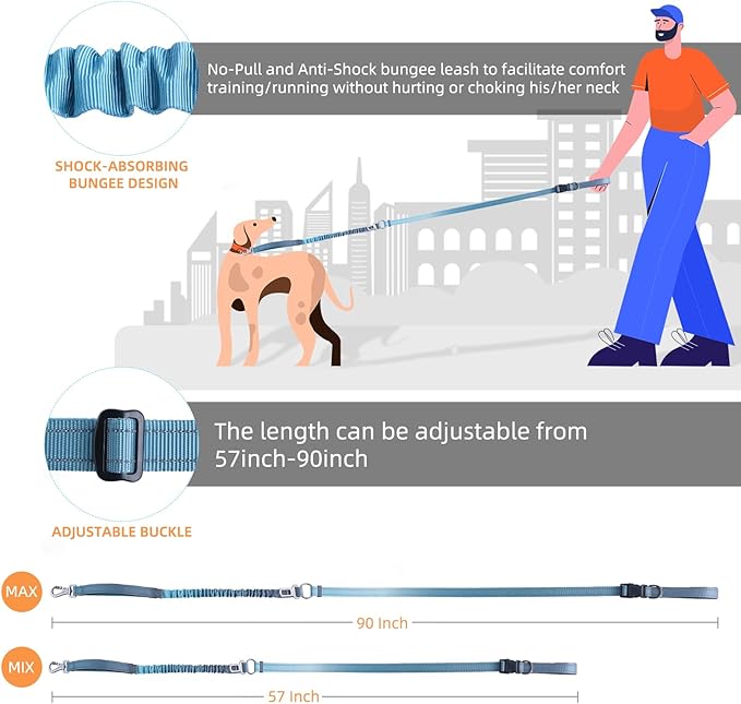 Roses&Poetry Hands Free Dog Leash for Medium Large Dogs Heavy Duty, No Pull Bungee Dog Running Waist Leash for Walking Training with Car Seatbelt 4-6FT