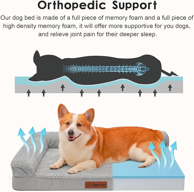 Orthopedic Dog Beds for Large Dogs, Memory Foam Dog Beds Large Sized Dogs, Washable Removable Cover, Nonskid Bottom, Waterproof, for Indoor, Outdoor, Crate ＆ Car Use, 36x27x6 Inches, Light Grey