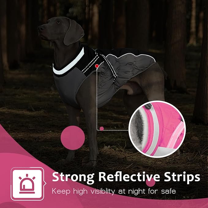 Dog Winter Coat with Harness, Dog Jacket, Pet Clothes with Zipper on Back, Waterproof Windproof Warm Vest, Reflective Cold Weather Coats, for Small Medium Large Dogs, Thick, Pink, S