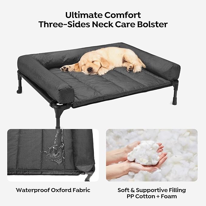 Veehoo Cooling Elevated Dog Bed Add Removable Waterproof Bolster Cushion Mat, Raised Pet Cot with Breathable Teslin Mesh, No-Slip Feet, Dog Sofa Bed for Indoor Outdoor, Medium, Black CWC2331B