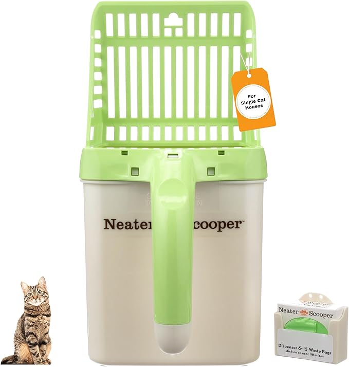 Neater Pet Brands Neater Scooper Standard Cat Litter Scoop, 15 Refill Bags – Mess-Free Cat Litter Scooper with Bag, Spill-Proof Kitty Box Sifter, Bin Doubles as Scoop Holder, For Single-Cat Households