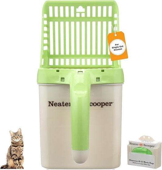 Neater Pet Brands Neater Scooper Standard Cat Litter Scoop, 15 Refill Bags – Mess-Free Cat Litter Scooper with Bag, Spill-Proof Kitty Box Sifter, Bin Doubles as Scoop Holder, For Single-Cat Households