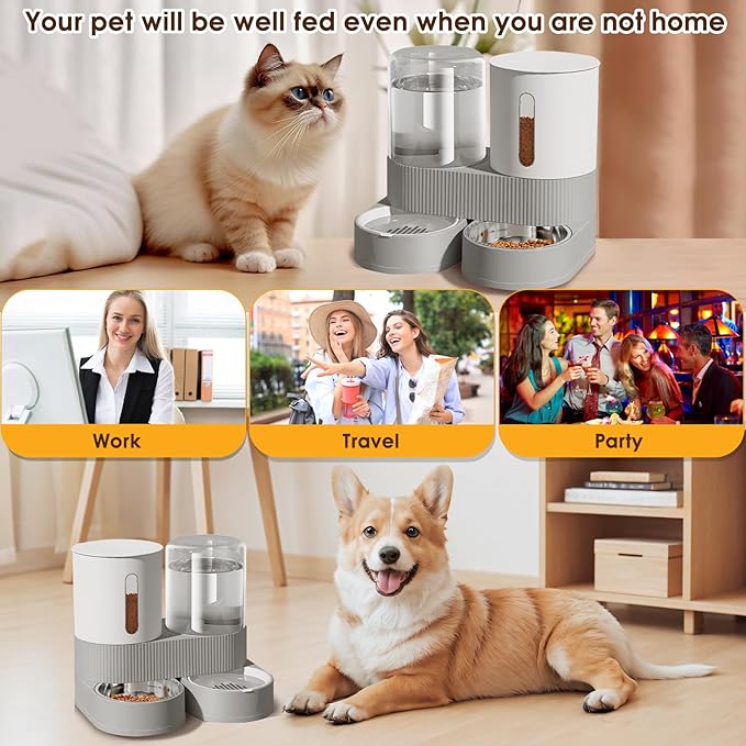 Automatic Gravity Cat Dog Feeder and Water Dispenser with 304 Stainless Steel Bowls 2 in 1 360 Degree Rotatable Auto 2.4L Dry Food and 2.6L Water Bowl for Small Medium Pet Dog Puppy Kitten (Gray)