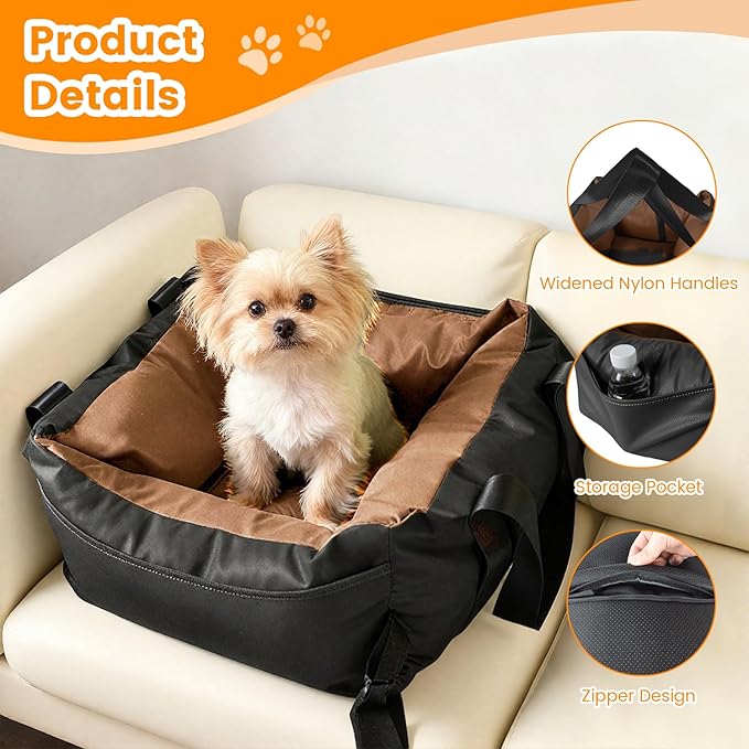 Dog Car Seat for Small Dogs, Large Leather Dog Car Bed with Storage Pocket, Waterproof PVC Leather Booster Seat Travel Bed for Front & Back Seat, Clip-On Safety Leash (Black/Brown)