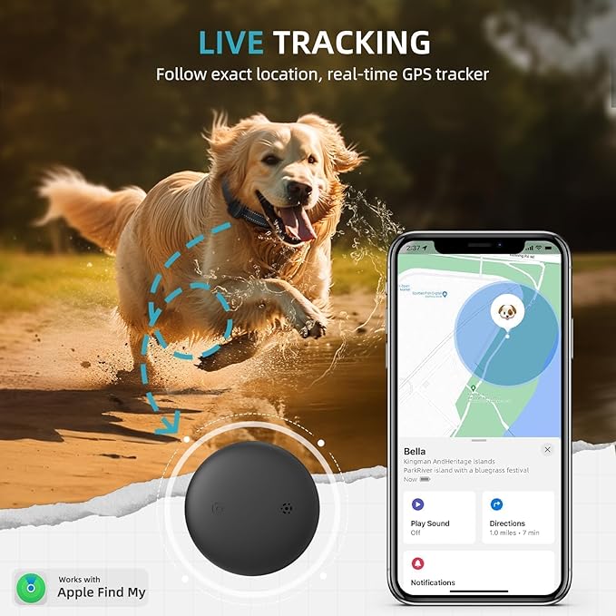 GPS Tracker for Dogs, Mini GPS Cat Tracker, Smart Pet Activity Tracker (iOS Only), No Monthly Fee, Compatible with Apple Find My, Anti-Lost, Finder Tag for Vehicles/Pets/Kids/Items (1 Pack)