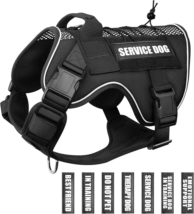 WINSEE Service Dog in Training Mesh Harness with 10 Pet Patches, Soft Air Mesh Breathable Tactical Dog Molle Vest, Reflective Military Pet Vest for Walking Hiking for Large Dogs