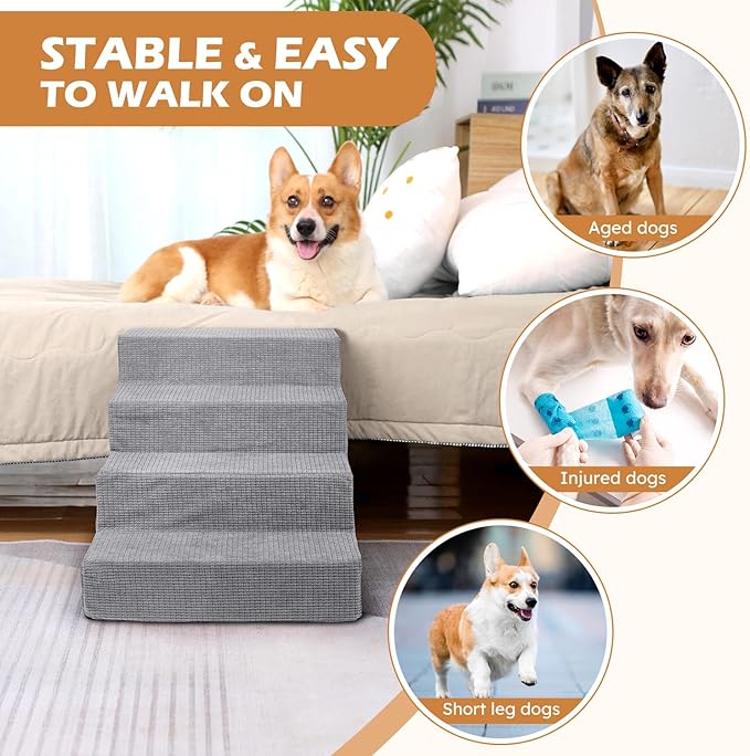Heeyoo Dog Stairs for Small Dogs, 4-Step Dog Steps for High Bed and Couch, High-Density Foam Pet Steps with Supporting Board, Non-Slip Removable Washable Cover, Grey, 18" High