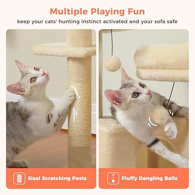 Cat Tree, 52.4 Inch Multi-Level Cat Tower for Indoor Cats with Dual Padded Top Perches, 2 Condos & Scratching Posts, Plush Cat Furniture for Kittens and Medium Cats, Beige