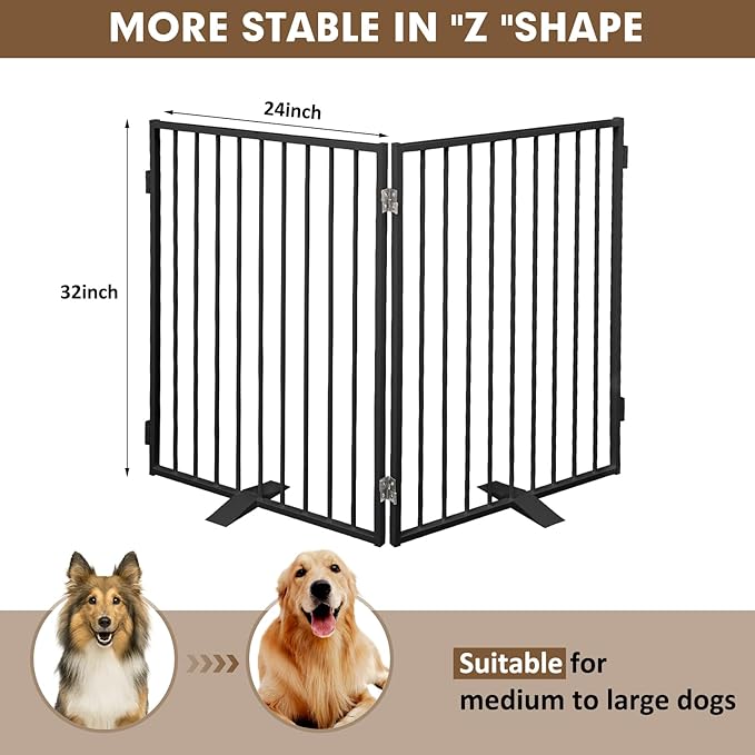 Metal Freestanding Dog Gates,Extra Wide 24", 32" Height Foldable Dog Fence for Indoor & Outdoor, Heavy Duty Freestanding Pet Barrier for Stairs, Doorways, Halls, Kitchen,Yard