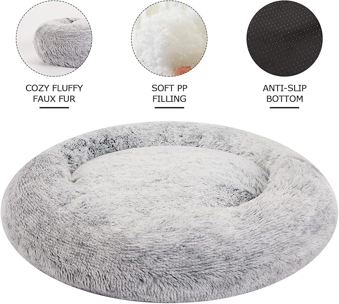 Bedfolks Calming Donut Dog Bed, 36 Inches Round Fluffy for Large Dogs, Anti-Anxiety Plush, Machine Washable (Dark Grey, Large)