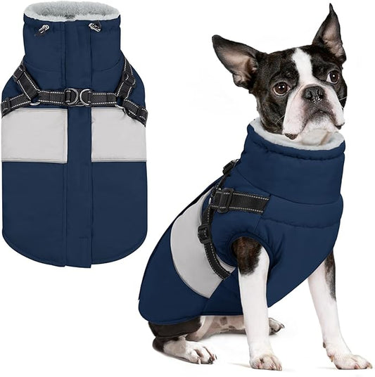 SUNFURA Small Dog Coat with Harness Built in, Warm Dog Jacket Winter with Zipper On Back, Waterproof Pet Snow Jacket Snowsuit Pet Sweater Clothes for Puppy, Blue XS