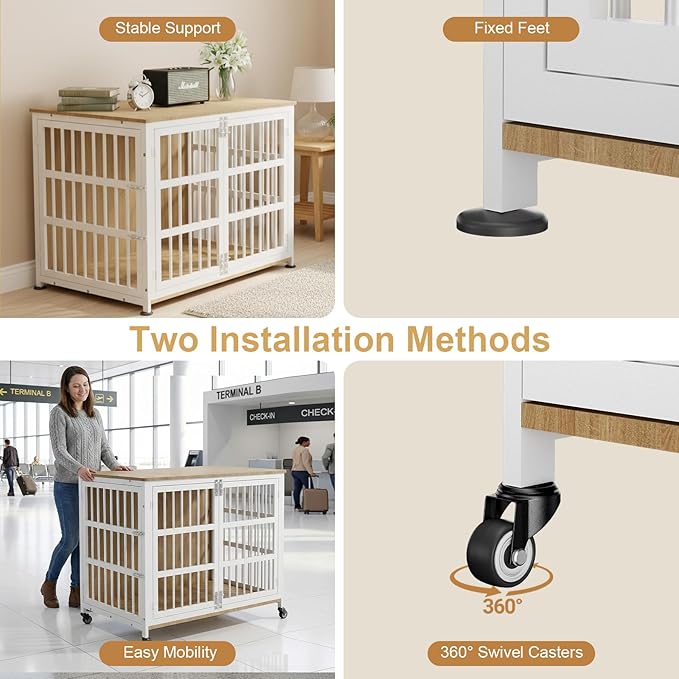 46" Dog Crate Furniture with Wheels, XXL Heavy Duty Dog Kennel Indoor for XL Dogs, Metal Chew-Proof Dog Cage, 45.9" L x 27.6" W x 32.4" H, Decorate House as TV Stand, End Table — Natural and White